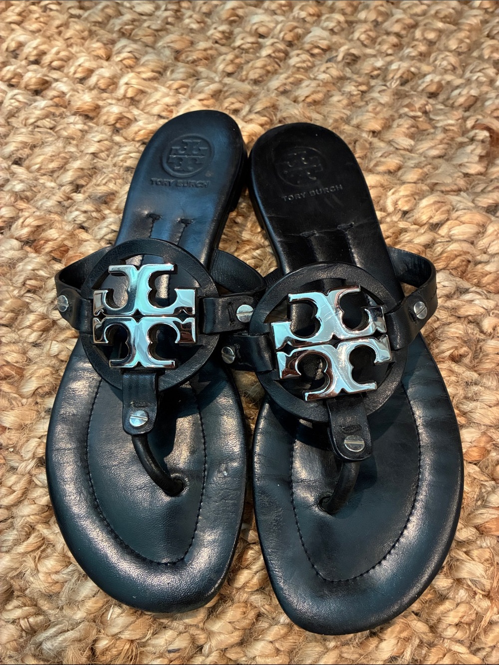 Tory Burch Black Sandals with Silver-Tone Logo Medallions - Picture 3 of 9